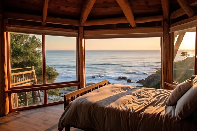 Foto um quarto com vista para o mar.
