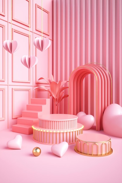 Um quarto cor-de-rosa com um anel dourado e um suporte para bolos e um anel dourado no chão.