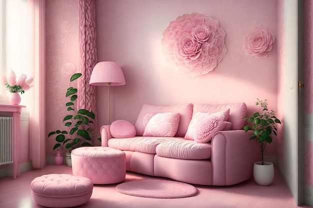 Um quarto cor-de-rosa com um sofá e um candeeiro