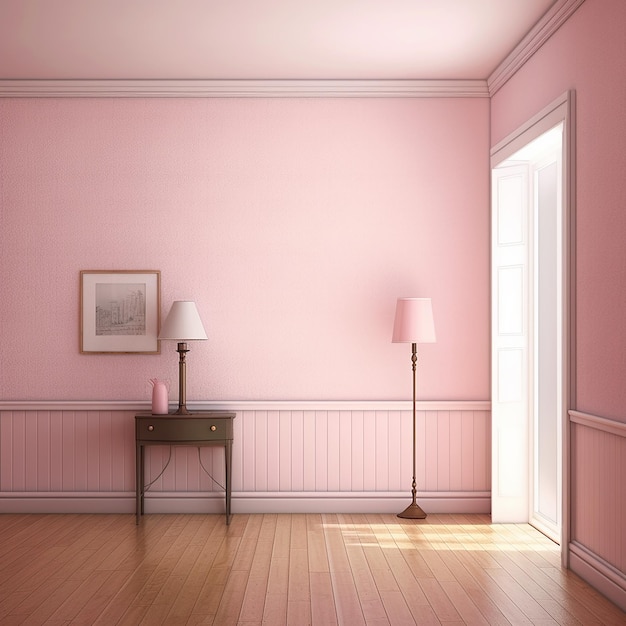 um quarto cor-de-rosa com uma parede cor-de-rosa e um candeeiro cor-de-rosa