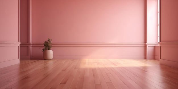 Um quarto cor-de-rosa com uma planta num vaso e uma parede cor-de-rosa.