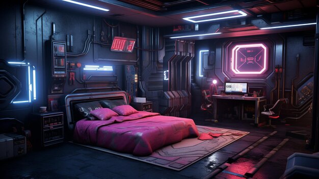 Um quarto cyberpunk futurista.