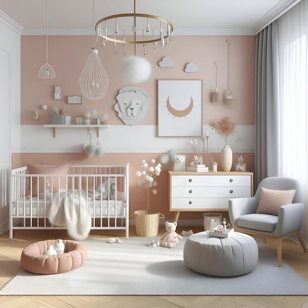 Um quarto de bebê em cores rosa suave mobiliado em estilo escandinavo