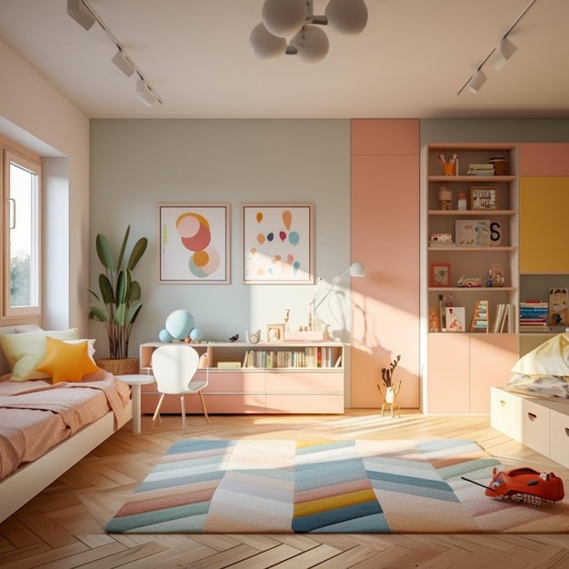 um quarto de cores brilhantes com uma cama generativa ai