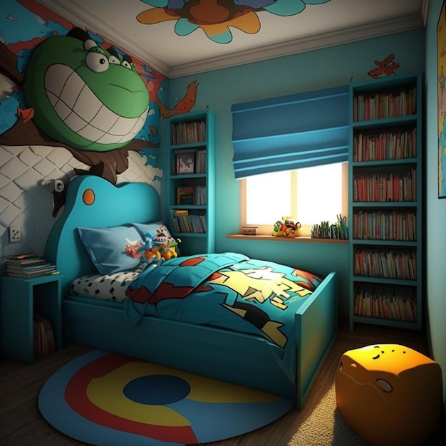 Foto um quarto de cores vivas com uma cama e uma estante de livros generative ai