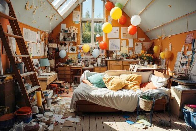 Um quarto de criança bagunçado e arrumado com todos os tipos de coisas espalhadas pelo chão