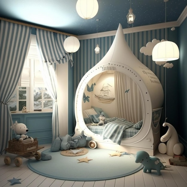 Um quarto de criança com uma cama branca que diz "a palavra" nela.