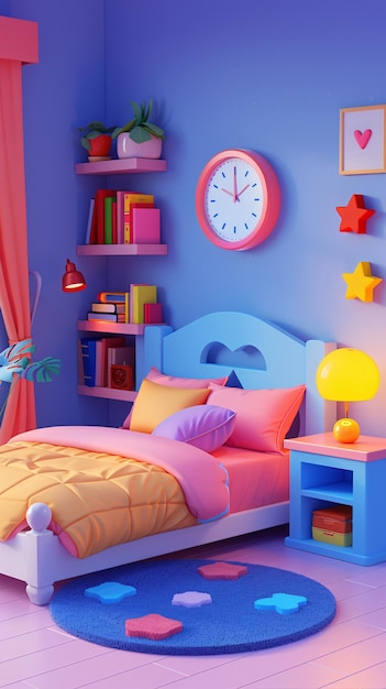 Um quarto de criança com uma cama colorida, um relógio e um relógio.