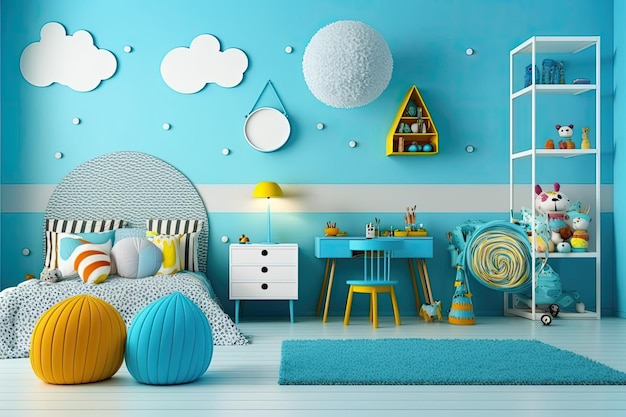 Um quarto de criança com uma parede azul vívido