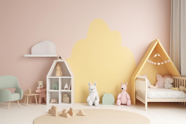 Um quarto de criança com uma parede rosa e uma cama de coelho branca e uma cabana de madeira.