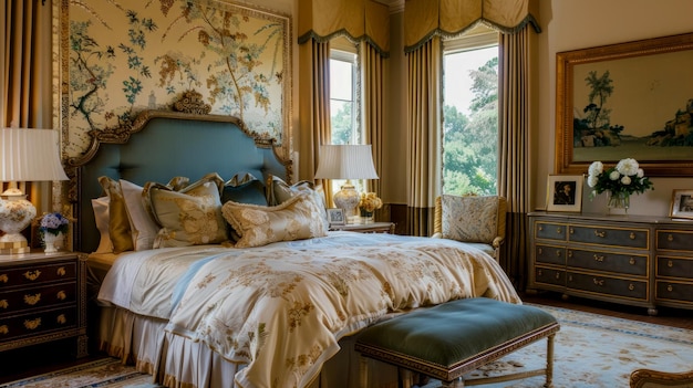 Um quarto de estilo chinoiserie brilhante e aconchegante com elementos Art Nouveau franceses criando um espaço adequado