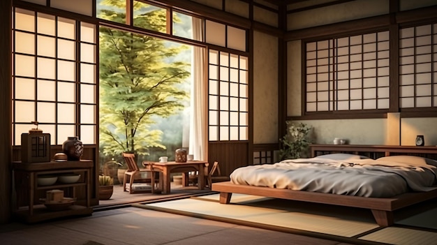 Um quarto de estilo japonês antigo com uma cama moderna.