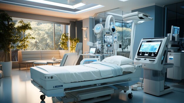 Foto um quarto de hospital com cama e uma grande máquina