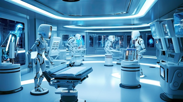 um quarto de hospital com robôs e equipamentos médicos em primeiro plano, cortesia de flickonline com via wikim