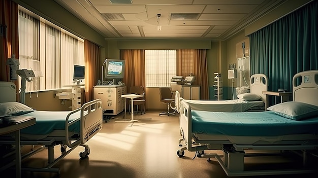 Foto um quarto de hospital com uma cama e um monitor na parede