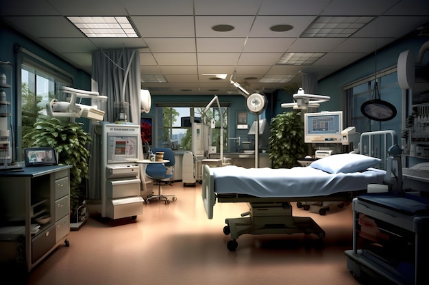 Um quarto de hospital com uma cama e um monitor