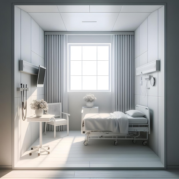 Um quarto de hospital com uma cama e uma cadeira no canto gerado pela IA