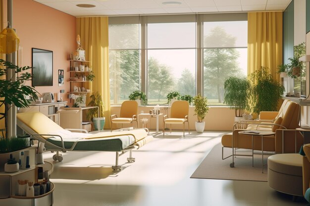 Um quarto de hospital com uma cama e uma mesa com um abajur