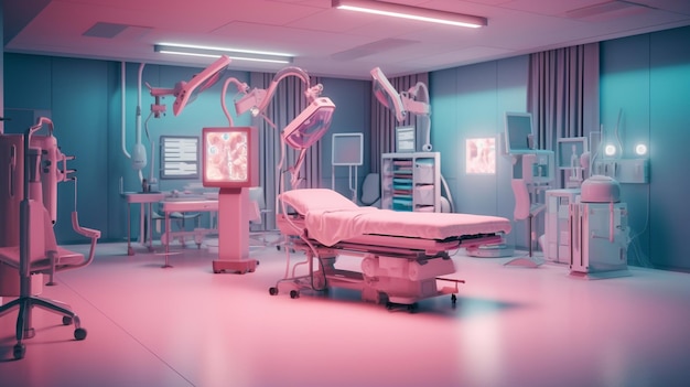 Um quarto de hospital com uma luz rosa acesa.