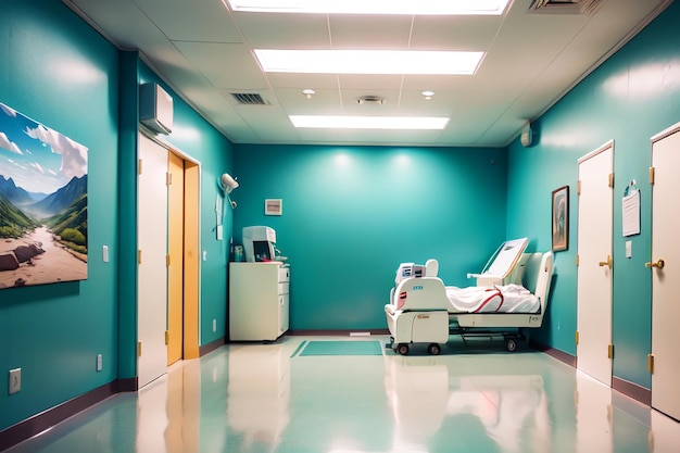 Um quarto de hospital com uma parede azul e uma cama com um travesseiro.