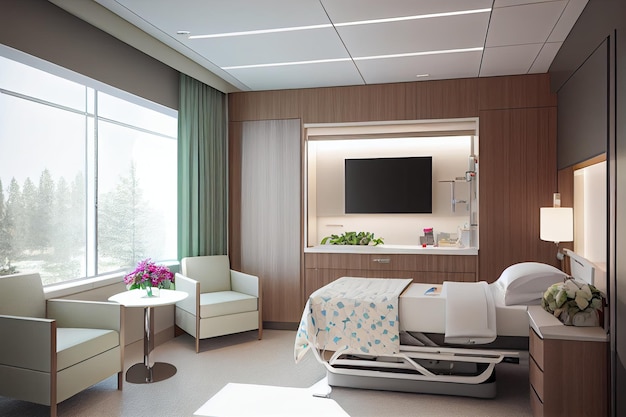 Um quarto de hospital moderno e luxuoso com um design elegante que proporciona conforto e privacidade