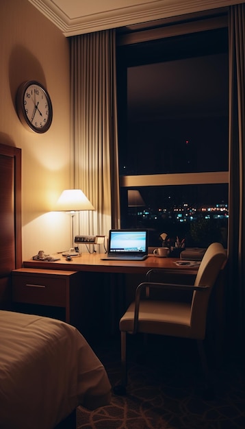 Um quarto de hotel com mesa, laptop e cadeira