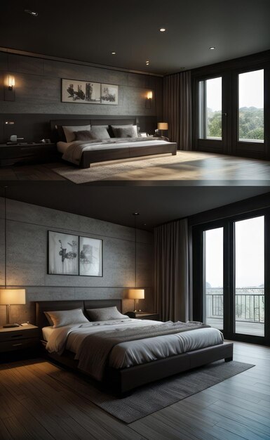 Um quarto de hotel com uma cama e uma foto de um quarto de hotel