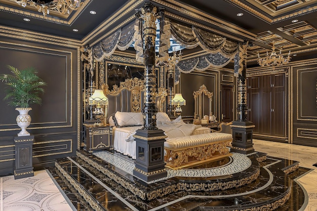 Um quarto de luxo com uma grande cama ornamentada com um esquema de cores preto e dourado