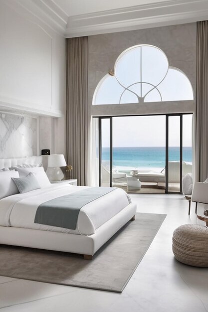 Um quarto de luxo moderno e espaçoso com vista para a praia do oceano e grandes janelas.