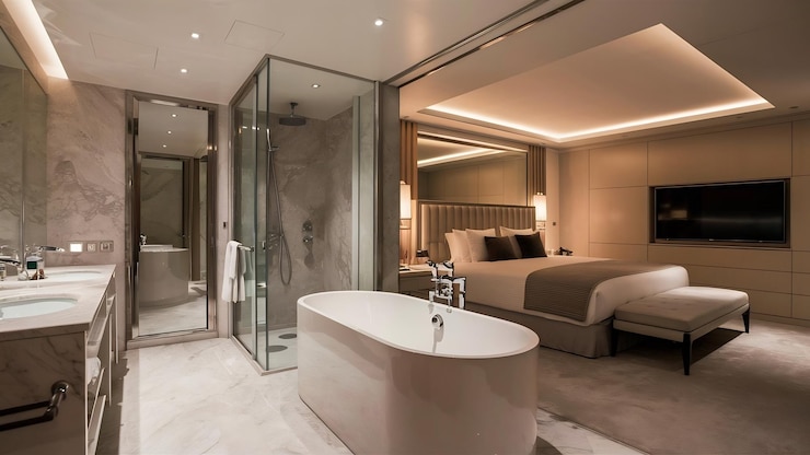 Foto um quarto de luxo moderno e uma casa de banho.