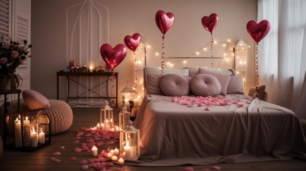 Foto um quarto decorado com pétalas de rosa, balões em forma de coração e velas cria uma atmosfera de sonho.