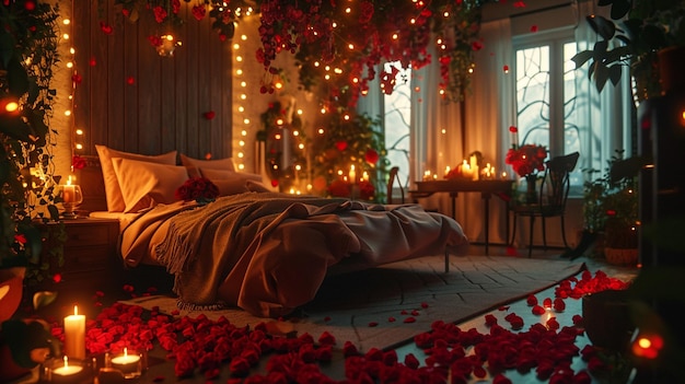 Um quarto decorado de forma romântica com iluminação suave, rosas, corações e mesas.