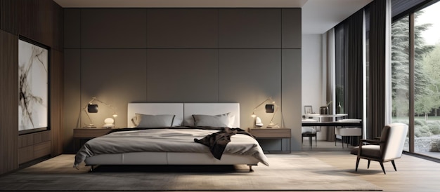 Um quarto elegante e moderno com uma cama espaçosa, um espelho elegante e uma luz superior distintiva.