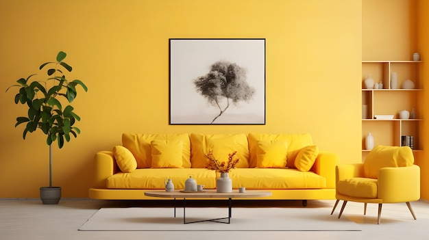 um quarto em amarelo com sofá preto e mesa com uma impressão de arte de parede de grande tamanho