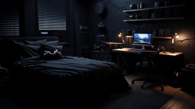 Foto um quarto escuro com uma cama e um computador na mesa.