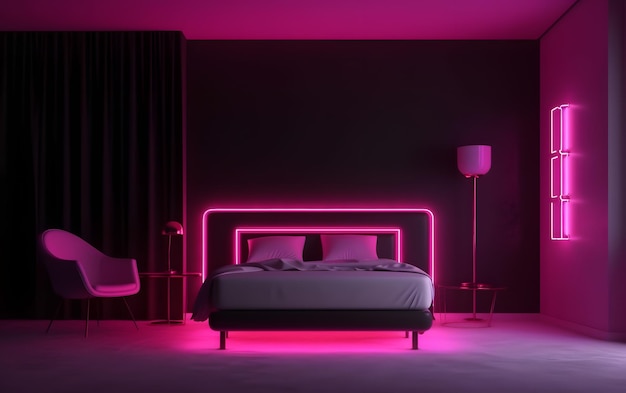 Um quarto escuro com uma cama e uma lâmpada que diz 'rosa'