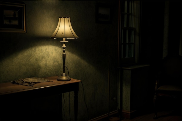 Um quarto escuro com uma lâmpada e uma lâmpada no canto