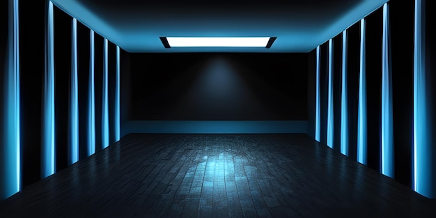 Um quarto escuro com uma luz azul na parede e um chão preto.