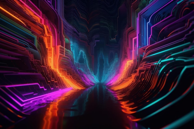 Um quarto escuro com uma luz neon e um túnel que diz 'neon'