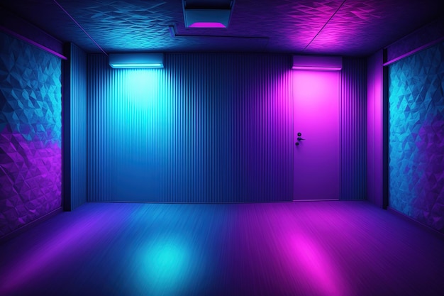 Um quarto escuro com uma luz rosa e azul na parede e uma porta que diz 'o quarto está iluminado'