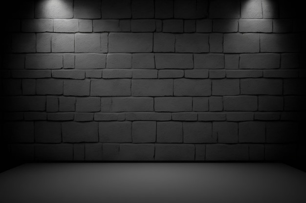 Um quarto escuro com uma parede de tijolos e uma luz acesa