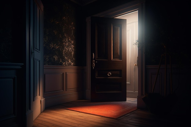 Um quarto escuro com uma porta aberta para uma luz brilhante que diz 'o lado escuro'