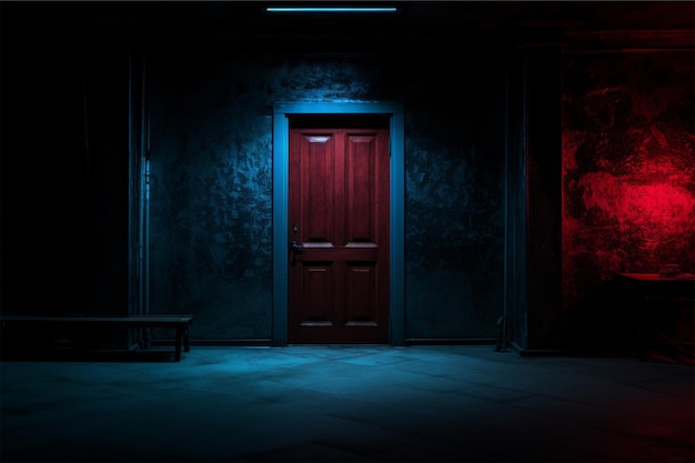 Um quarto escuro com uma porta e uma luz vermelha e azul