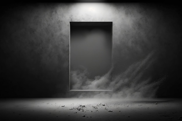 Foto um quarto escuro com uma porta grande que diz 'fumaça'