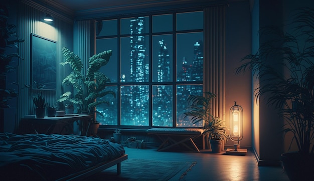 Um quarto escuro com vista para uma cidade à noite.
