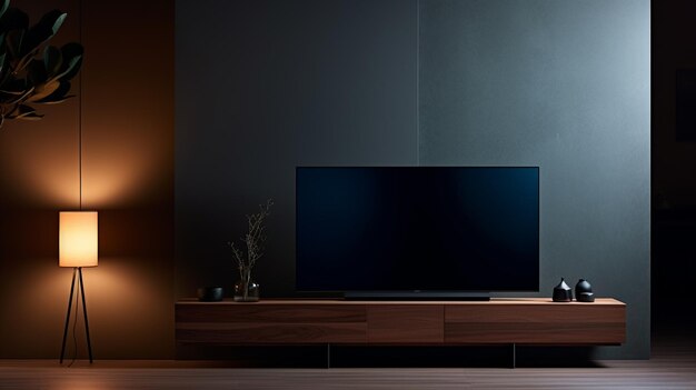 Foto um quarto escuro e moderno completo com uma televisão de tela plana montada na parede