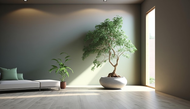 Um quarto espaçoso com uma parede verde-sálvia serena e um proeminente bonsai japonês gerado por IA