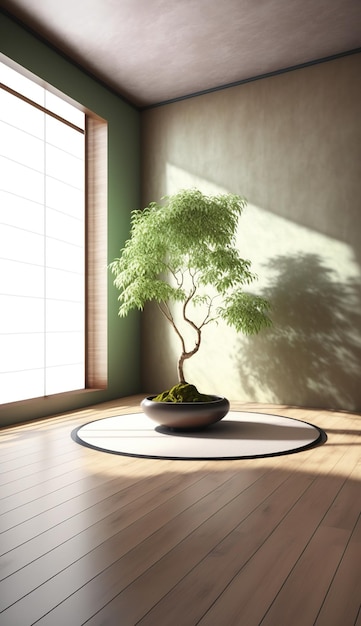 Um quarto espaçoso com uma parede verde-sálvia serena e um proeminente bonsai japonês gerado por IA