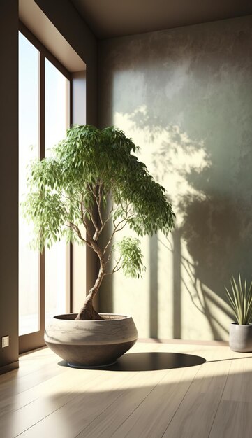 Um quarto espaçoso com uma parede verde-sálvia serena e um proeminente bonsai japonês gerado por IA