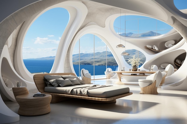 Um quarto futurista com um conceito costeiro futurista e cores de praia como azul celeste e branco